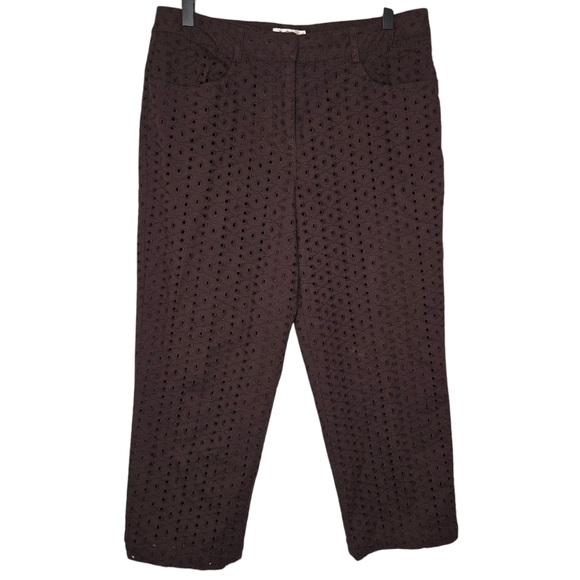 Talbots Stretch Vintage Chocolate Brown Embroidered Eyelet Capri Pants Size 10 - Picture 1 of 8